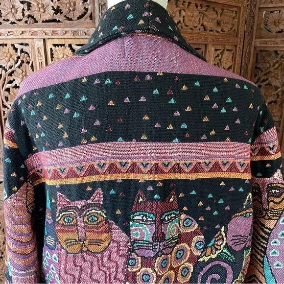 Original Vintage Laurel Burch Silverado Boho Cat Tapestry Blanket Knit Jacket - Picture 11 of 12
